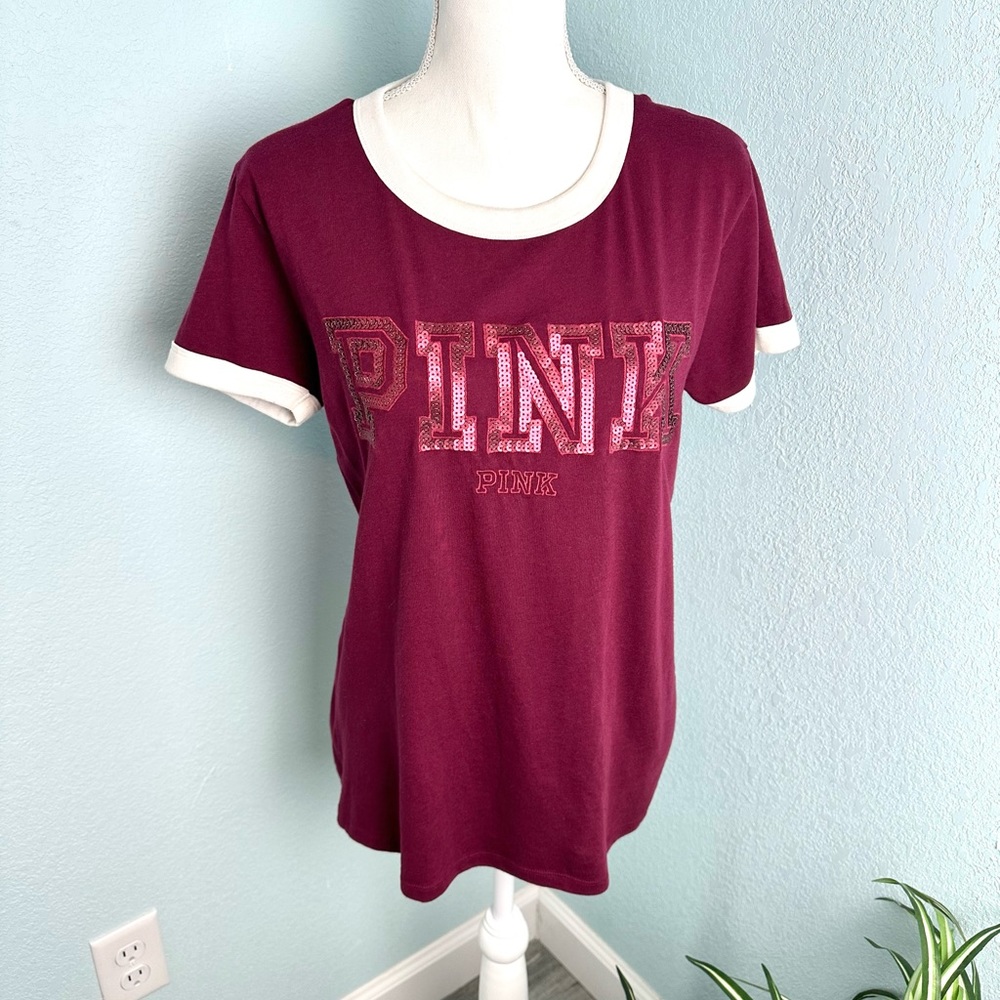 Victoria’s Secret Pink Shirt Size Lg Bling Sequin Logo Maroon White Short Sleeve